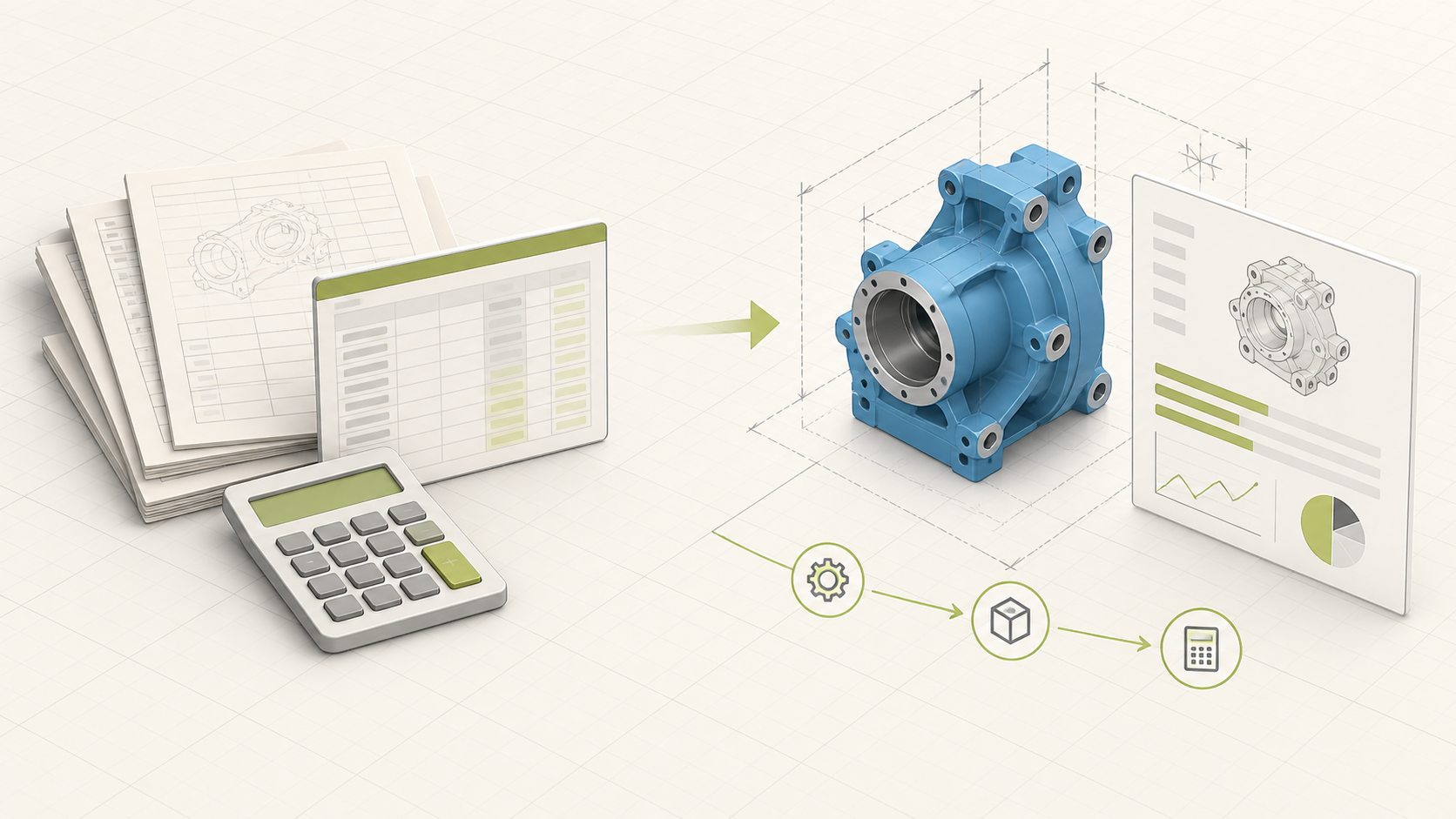 Technical quoting desk with CAD models, spreadsheets, measurements, and a calculator connected in a tangled workflow