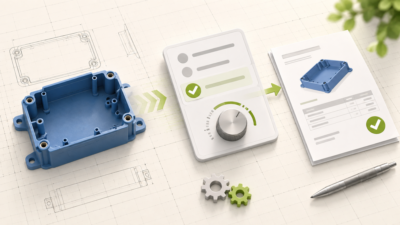 Operator reviewing an injection-molded part and quote controls before PDF and email delivery