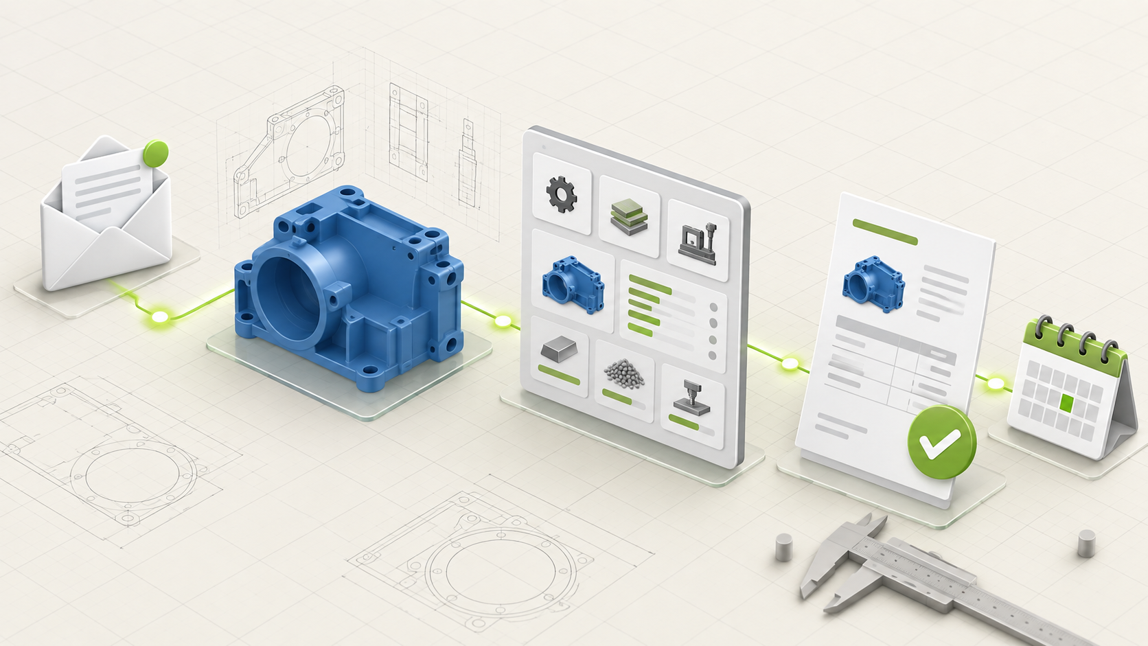 Technical illustration of an incoming manufacturing request, CAD part, automated calculation, quote and calendar appointment
